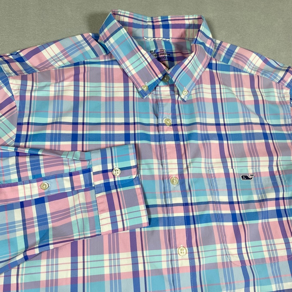Vineyard Vines On The Go Performance Shirt Mens XL Blue Pink Plaid Long Sleeve
